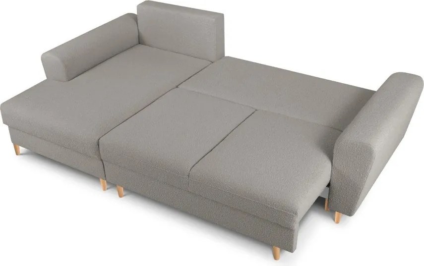 Divano angolare grigio chiaro allungabile e con contenitore (con penisola a sinistra/con chaise lounge) con rivestimento in bouclé Kyoto – Cosmopolitan Design