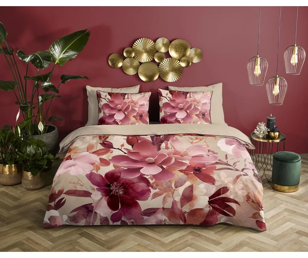 Set copripiumino e federa rosa/beige in raso di cotone per letto singolo ed esteso 140x220 cm Chaja – Descanso