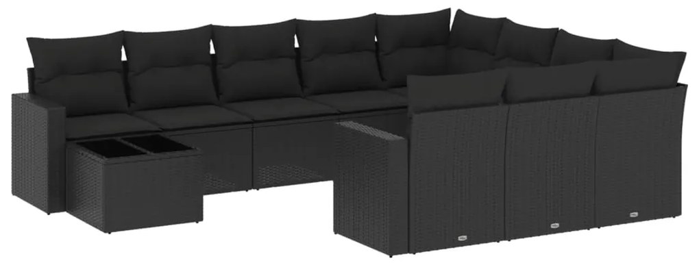 Set divani da giardino 11 pz con cuscini in polyrattan nero