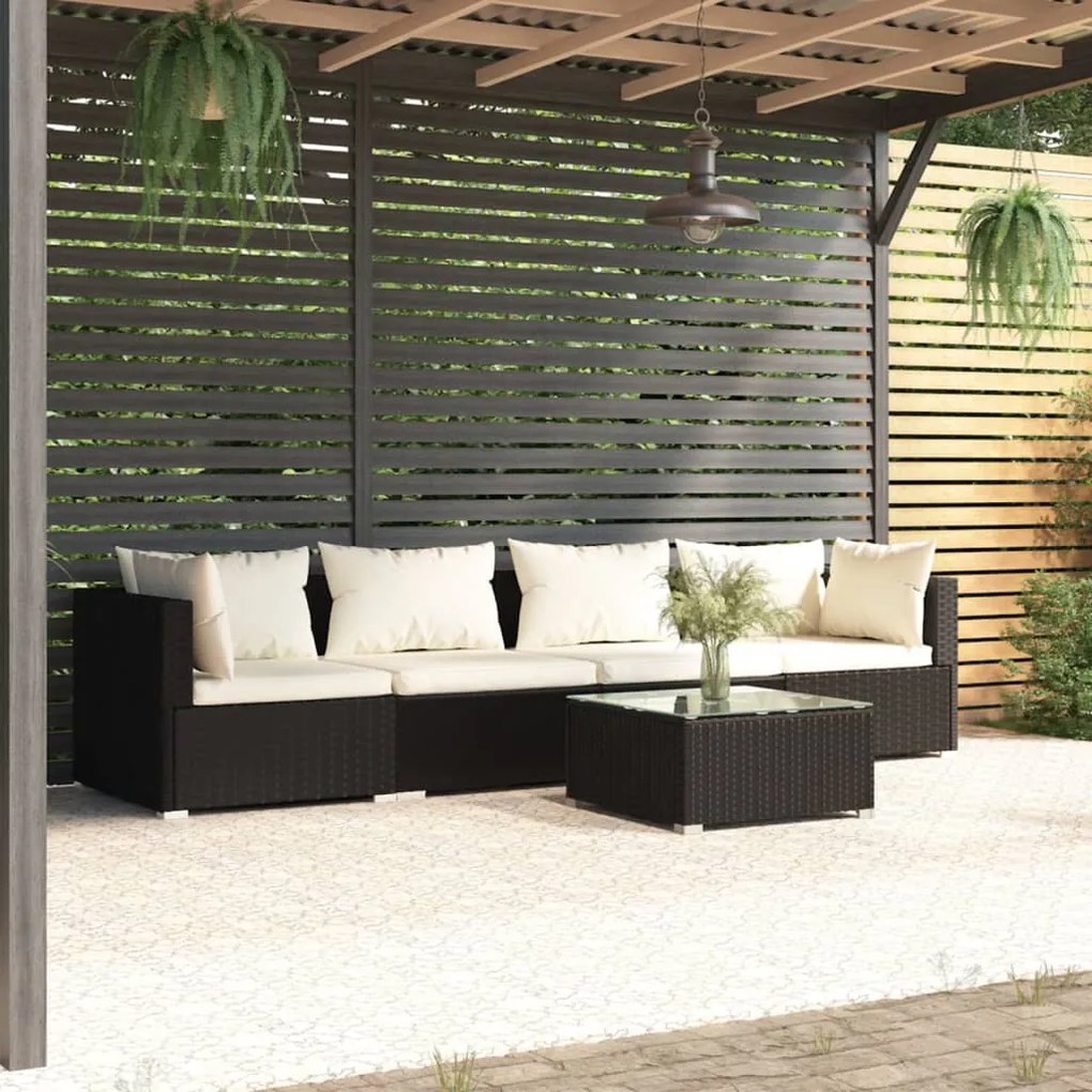 Set divani da giardino 5 pz con cuscini in polyrattan nero