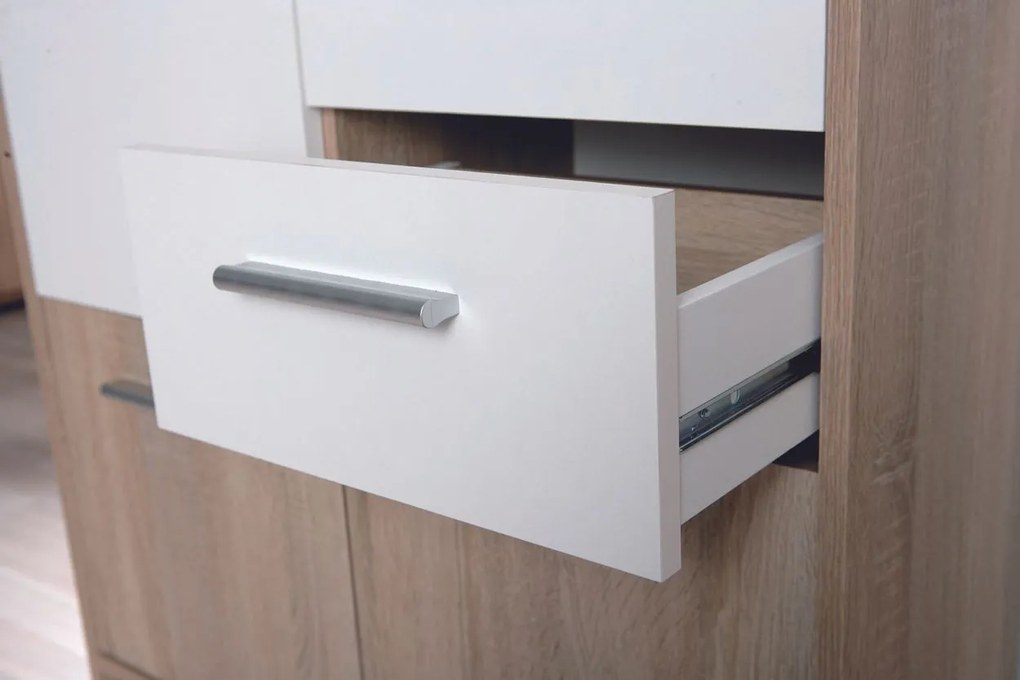 Credenza 5 cassetti in laminato rovere e bianco