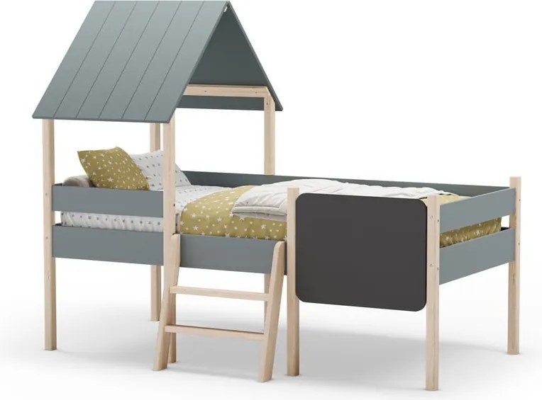 Letto da bambini a forma di casa/rialzato verde polveroso in pino massiccio con rete inclusa 90x190 cm Mint – Marckeric