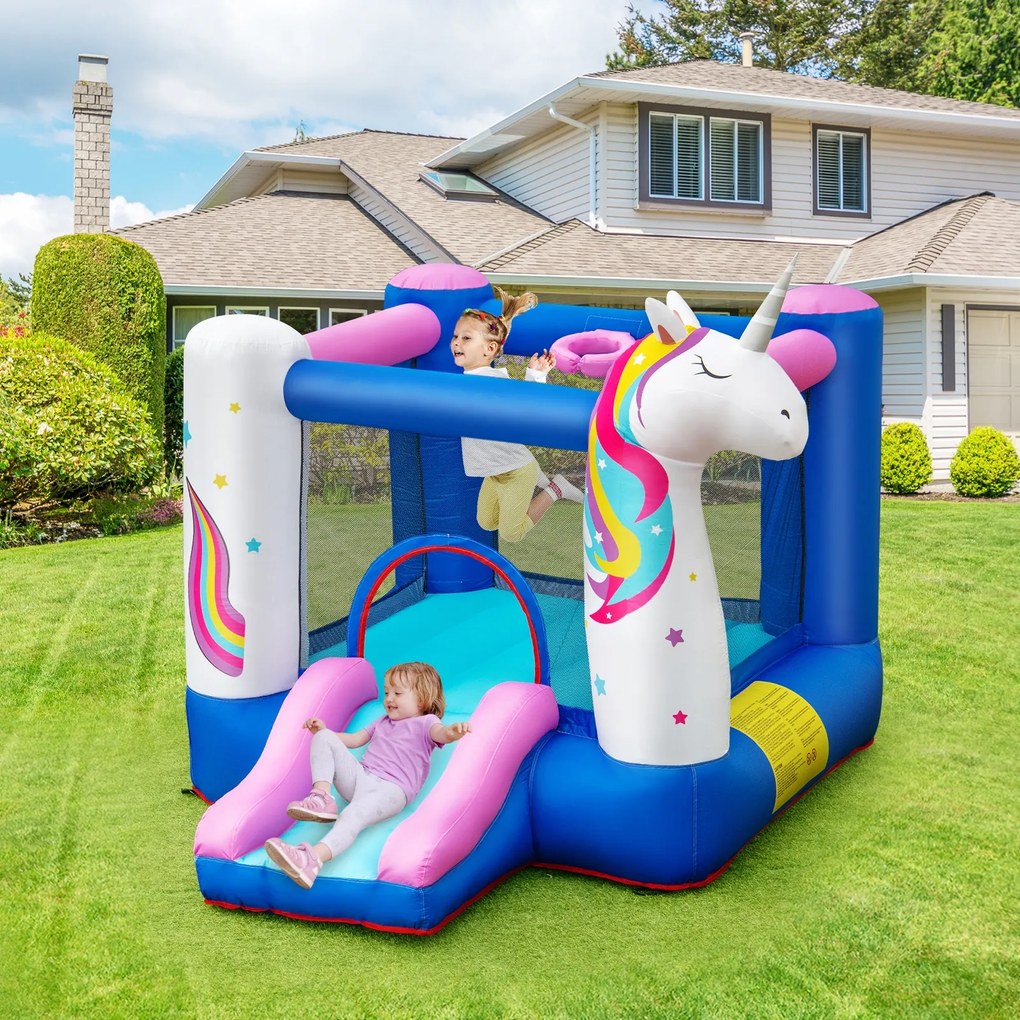 Costway Casa gonfiabile a tema unicorno per bambini 3-10 anni con scivolo, Castello gonfiabile con anello del canestro