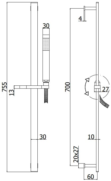 Paffoni City Zsal145 asta doccia interasse 700 mm con doccetta saliscendi e flessibile in pvc argento cromo