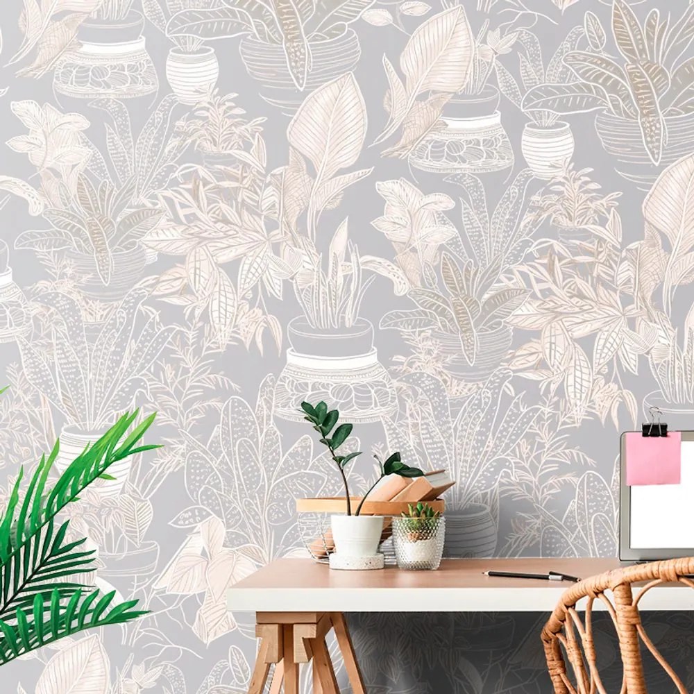Carta da parati – Motivo botanico in tonalità grigio-beige
