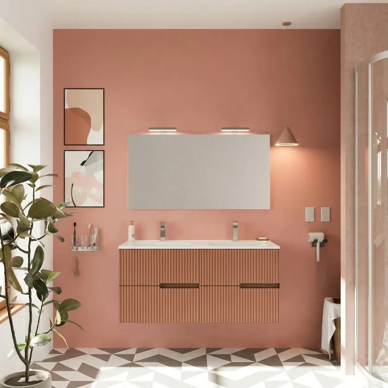Mobile bagno Eva 120 cm, completo di lavabo in ceramica con due vasche e specchio a filo con Led, 2 cassetti rovere Moka e mattone cannettat
