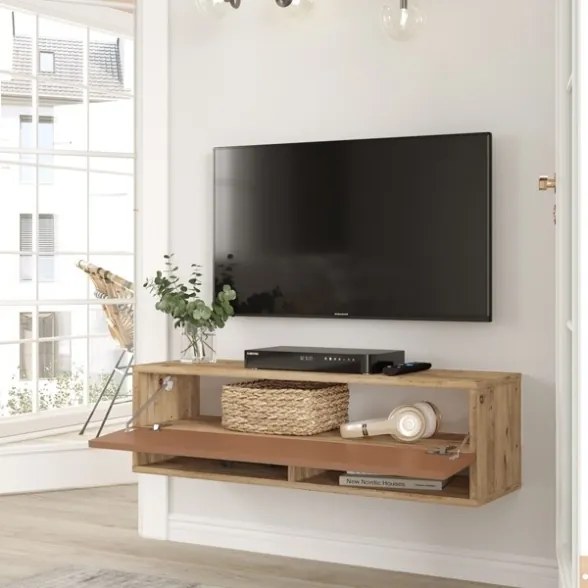 Mobile Tv Sospeso 100x32x30 2 Vani Effetto Legno Rovere E Rosso Frame
