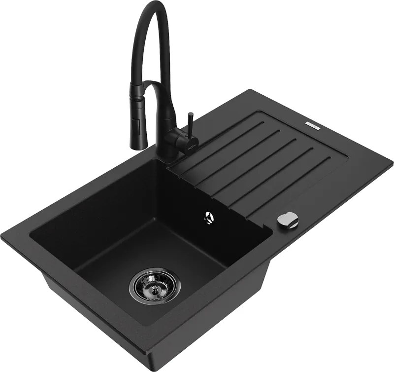 Mexen Pablo lavello in granito 1-vasca con scolapiatti e rubinetto da cucina Aster, nero - 6510-77-73450-70-B