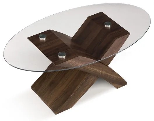 Tavolino piano in vetro ovale TITO con base color TEAK