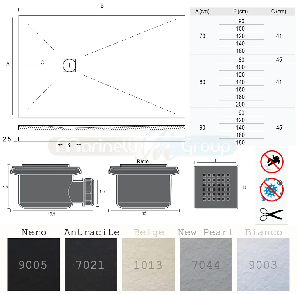 Piatto doccia 70x90 Karen in resina riducibile effetto pietra grigio