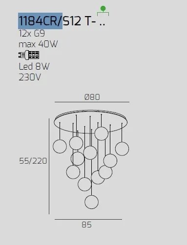 Sospensione cromo 12 luci tonda vetri 6x br + 6x am 1184cr-s12 t-ab