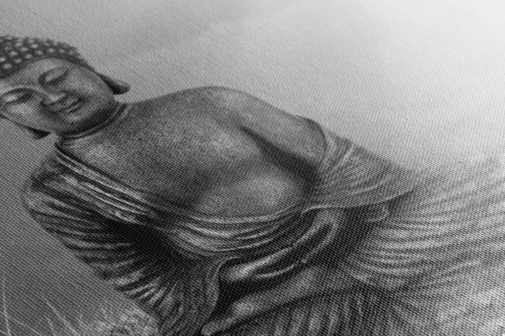 Stampa su tela – Statua del Buddha in posizione meditativa in bianco e nero