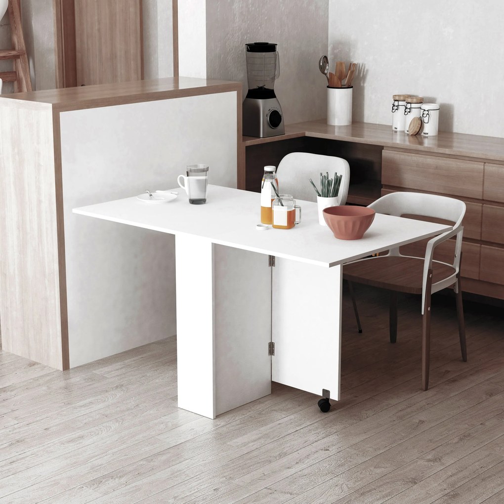 Tavolo Pieghevole Salvaspazio in Legno Bianco con Ruote...