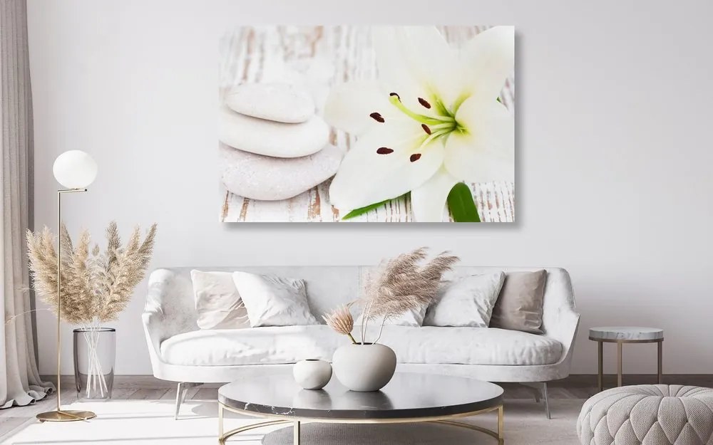 Quadro su tela – Giglio e pietre da massaggio in bianco