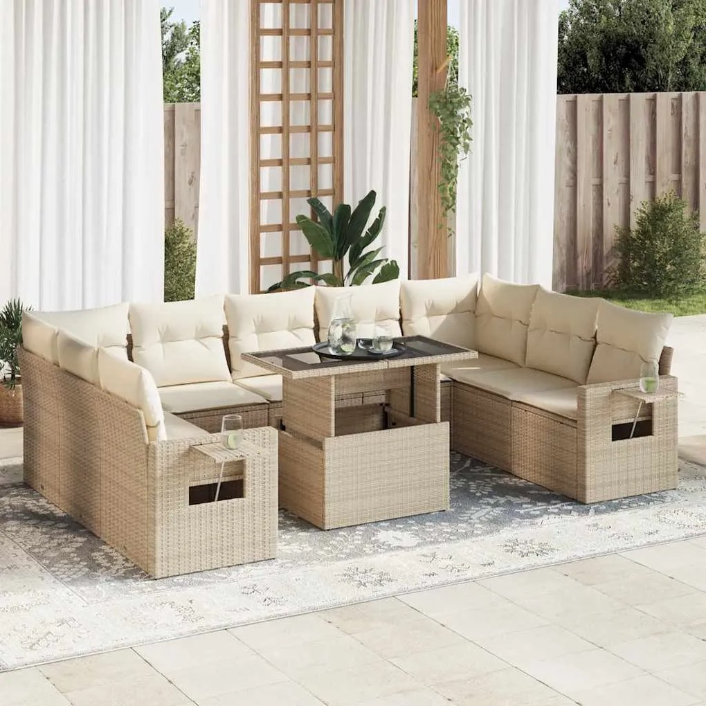 Set divano da giardino 10 pz con cuscini beige in polyrattan