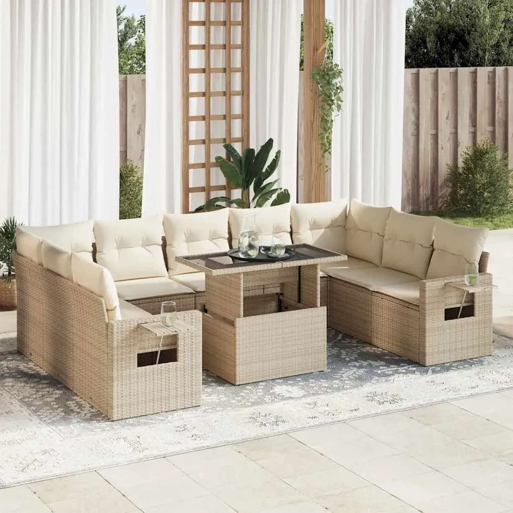Set divano da giardino 10 pz con cuscini beige in polyrattan