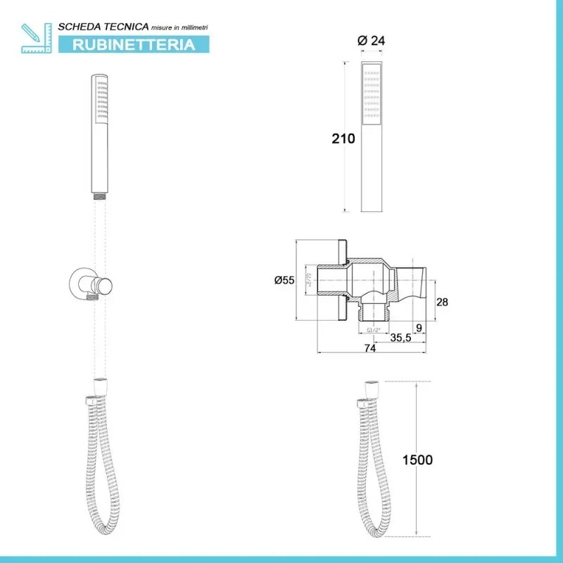 Set doccia incasso nero opaco con soffione 30 e kit doccia completo Gemini