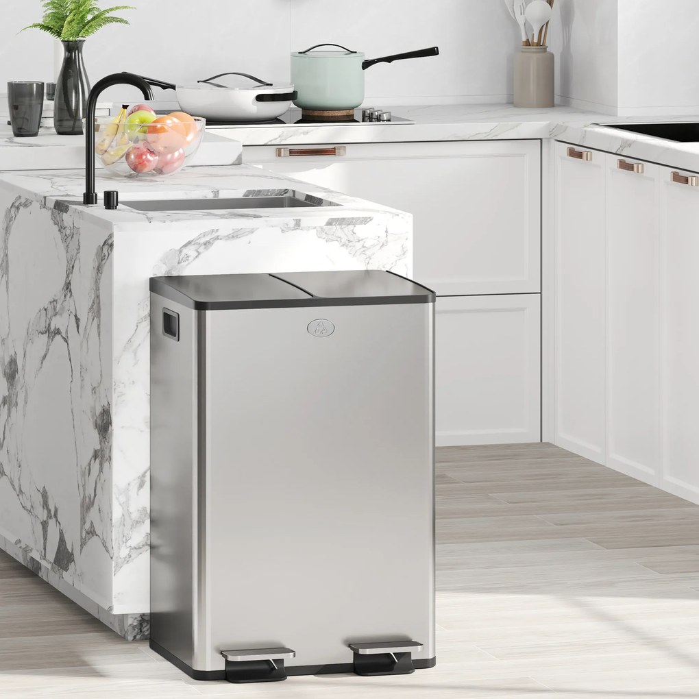 Pattumiera Differenziata Cestino Spazzatura 2 Scomparti da 28L in Acciaio Inox Argento...
