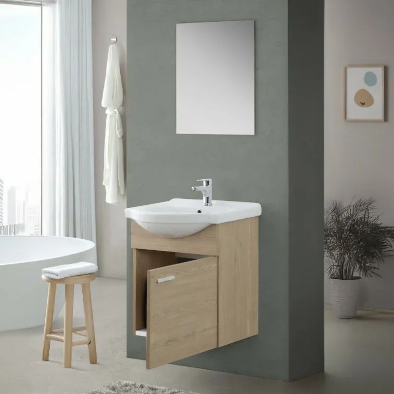 Mobile bagno sospeso 55 cm Rovere Dolomite completo di lavabo e specchio Desya