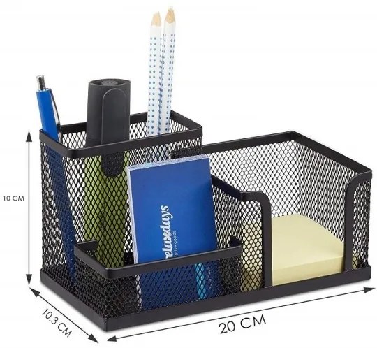 Trade Shop - Portapenne Post It Nero Rete 3 Scomparti Penna Matite Porta Biglietti Organizer