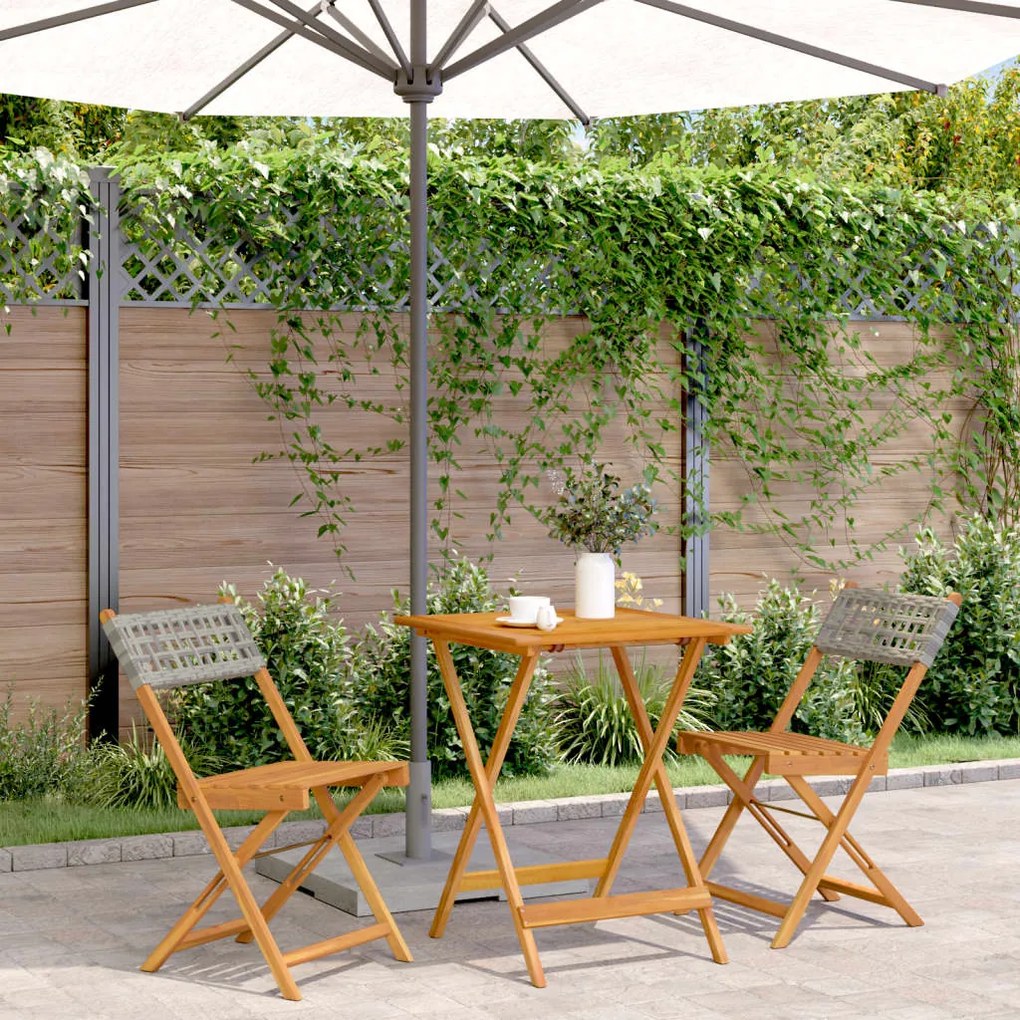 Set da bistrot 3 pz grigio in polyrattan e legno massello