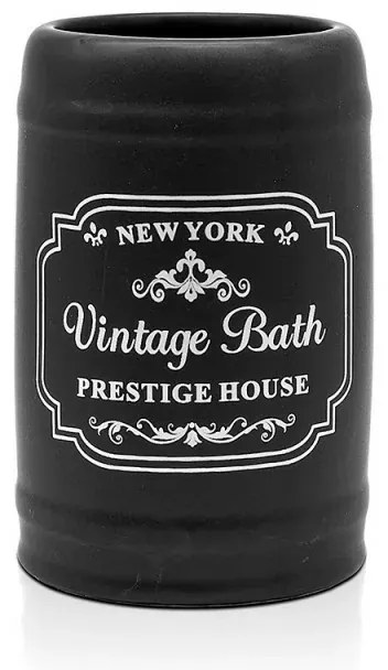 Portaspazzolini bagno in ceramica nera con stampe a contrasto bianche vintage
