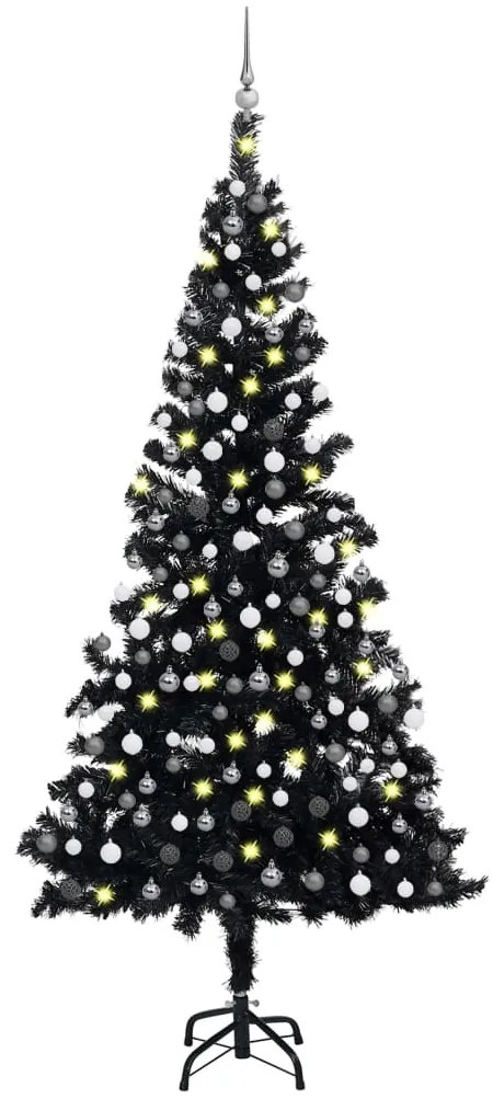 Albero di Natale Preilluminato con Palline Nero in PVC, Albero di Natale Preilluminato con Palline Nero 210 cm PVC