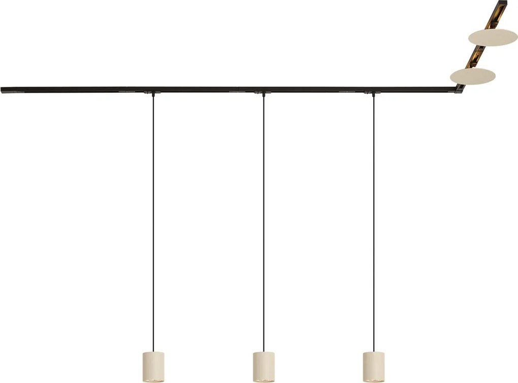 Sistema di illuminazione a binario moderno nero con 3 luci a sospensione e 2 plafoniere beige monofase - Iconic Holt Pulley