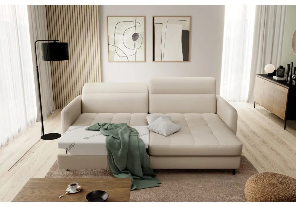 Divano angolare beige allungabile/con contenitore (con penisola a destra/con chaise lounge) e rivestimento in velluto Gomsi – ELTAP