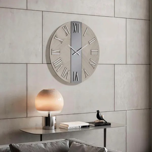 Orologio rotondo D60 cm BILLY in legno rivestito con parato e vetro Fumč