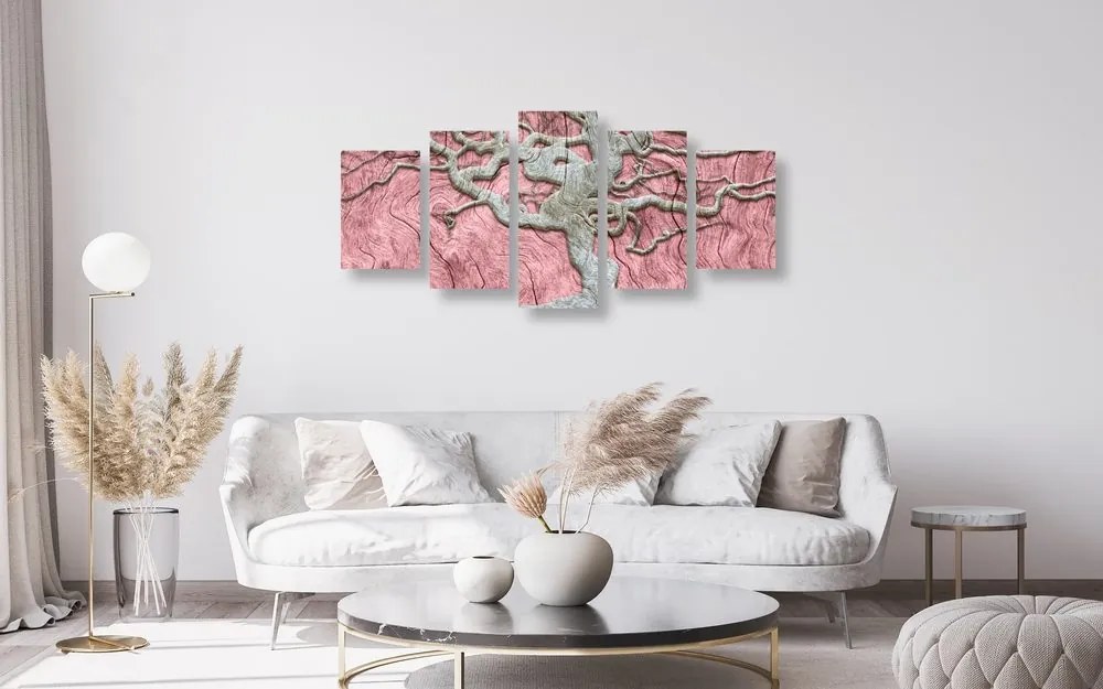 Quadri 5 pezzi – Albero astratto su legno con contrasto rosa
