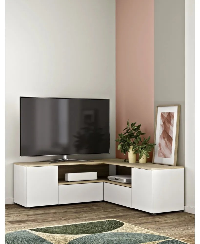 Tavolo TV in rovere decorato in bianco naturale 130x46 cm Angle - TemaHome