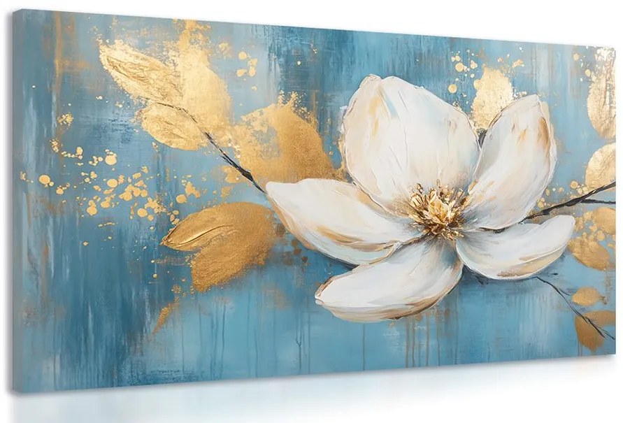 Quadro su tela – Fiore bianco con foglie dorate
