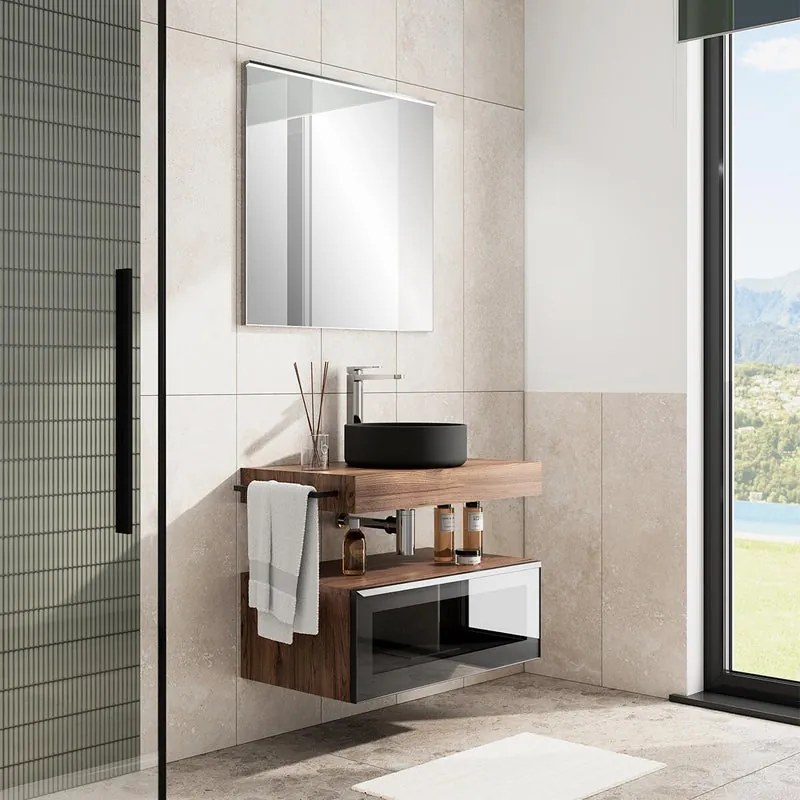 Mobile da bagno sospeso Star con top integrato L 120.3 x H 30 x P 46 cm noce walnut, 1 cassetto con frontale in vetro Dark Grey