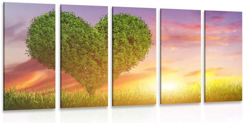 Quadri 5 pezzi – Albero a forma di cuore sul prato