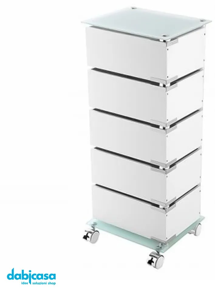 Carrello In Acciaio Cromato Con Ripiani in Vetro Temperato 5 Cassetti Girevole