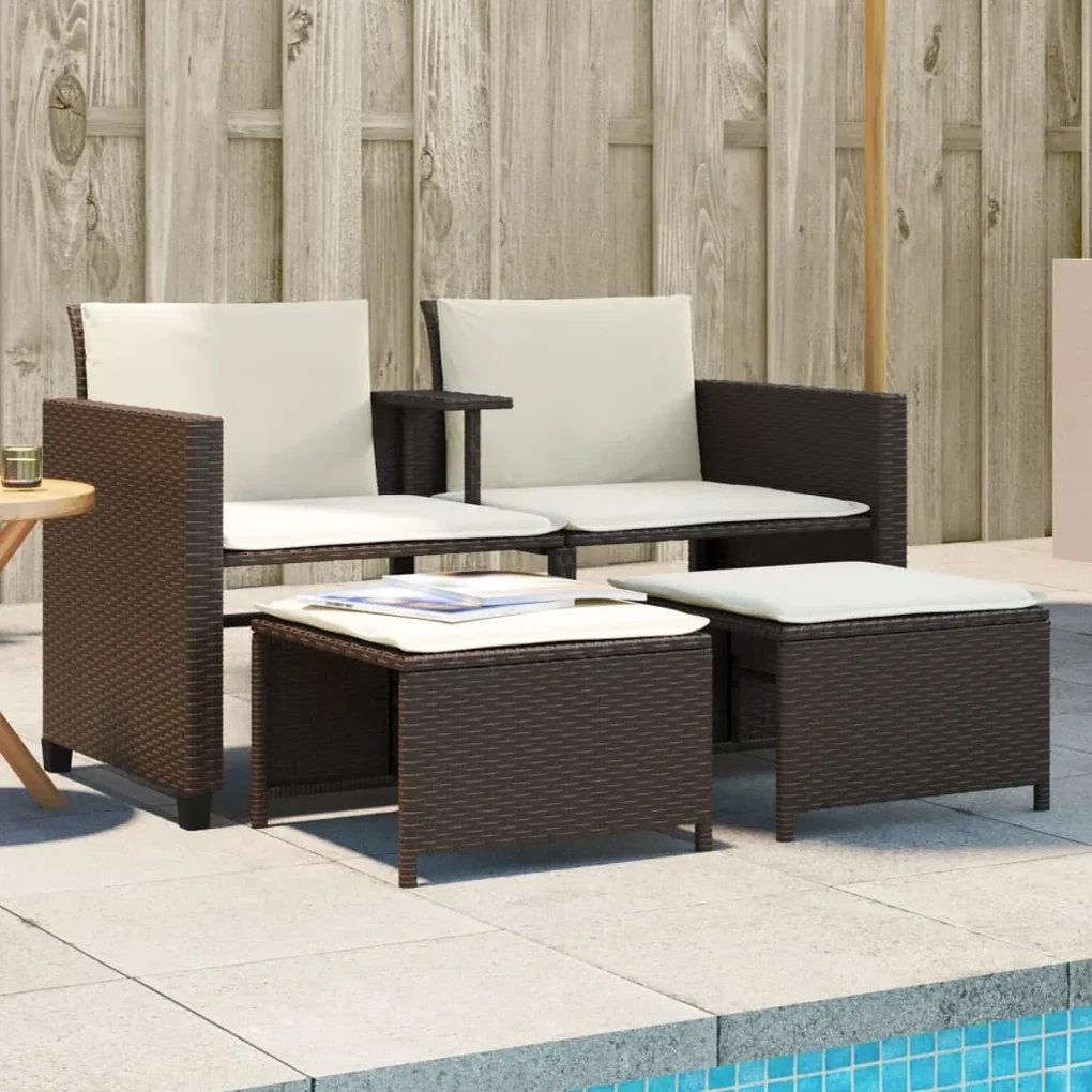 Divano giardino 2posti con tavolo e sgabelli marrone polyrattan