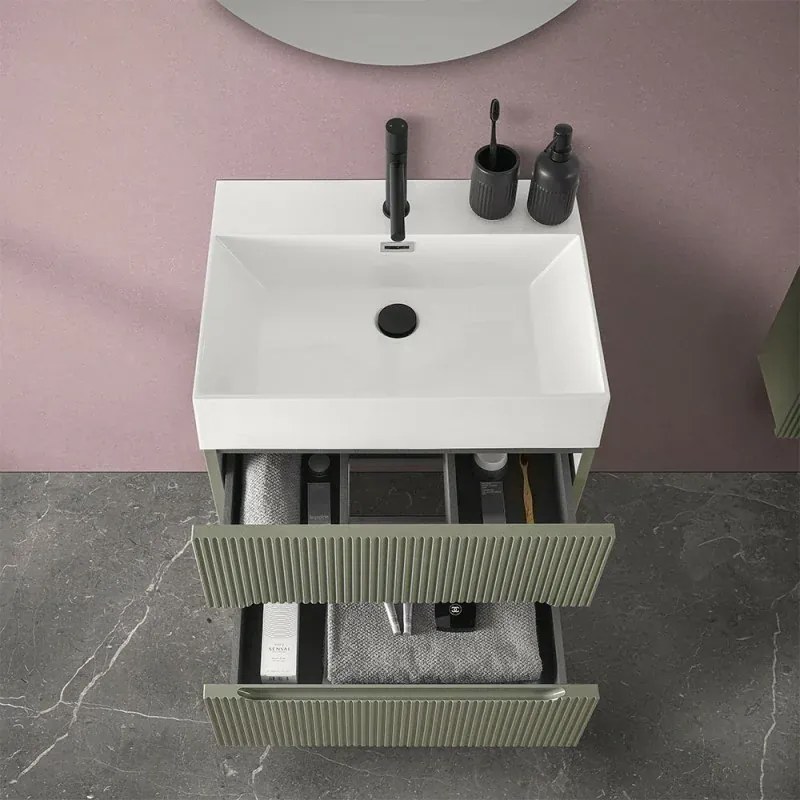 Mobiletto bagno sospeso cannettato 60 cm verde con lavabo Bali