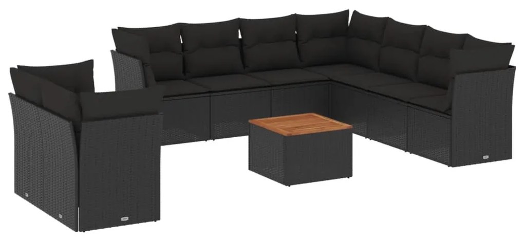 Set divani da giardino 10pz con cuscini in polyrattan nero