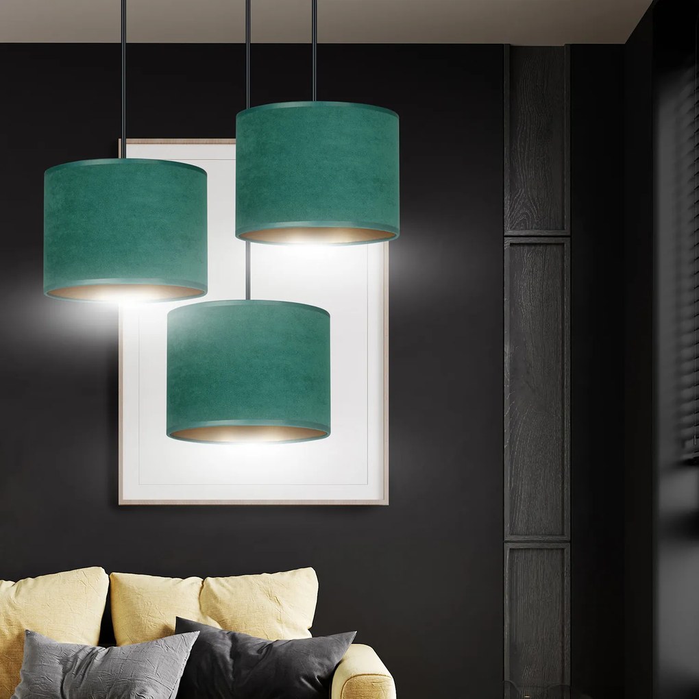Lampadario Tondo 3 Luci Ganesha In Acciaio Nero E Paralumi In Tessuto Verde