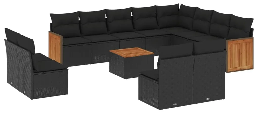 Set divani da giardino 13pz con cuscini nero in polyrattan