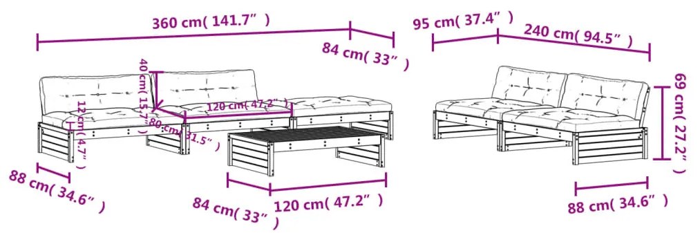 Set Divani da Giardino 6 pz con Cuscini in Legno Massello