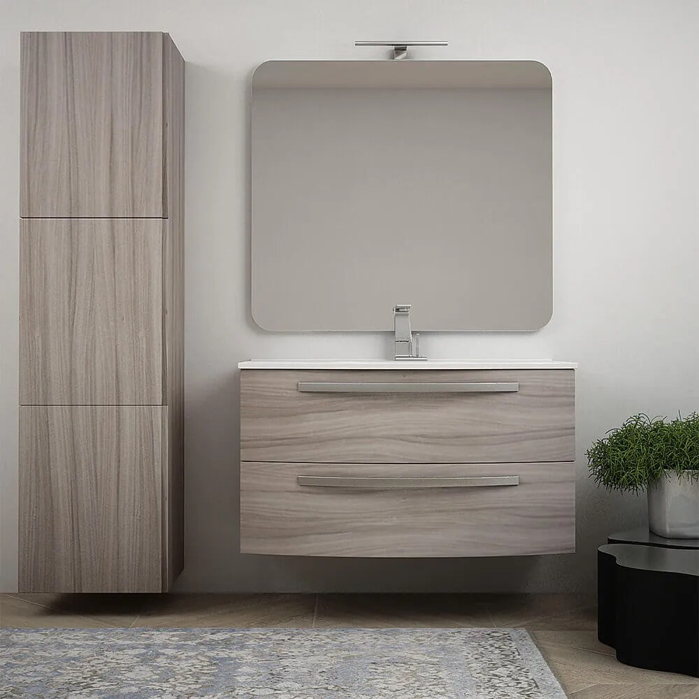 Mobile bagno 100 cm moderno sospeso curvo Larice modello Berlino con specchio filo lucido e colonna da 170 cm