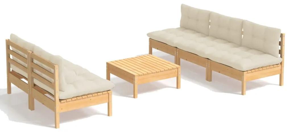Set divani da giardino 6 pz con cuscini crema massello di pino