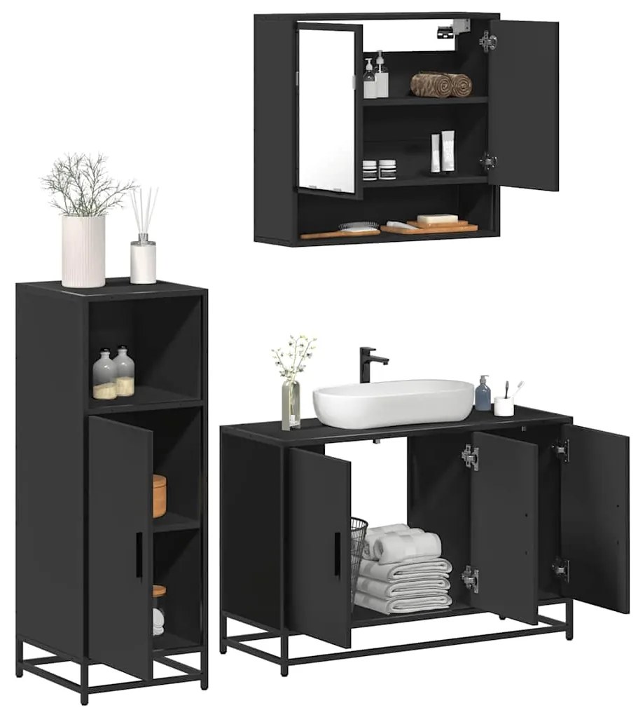 Set Mobili Da Bagno 3 Pz Nero İn Legno Multistrato /