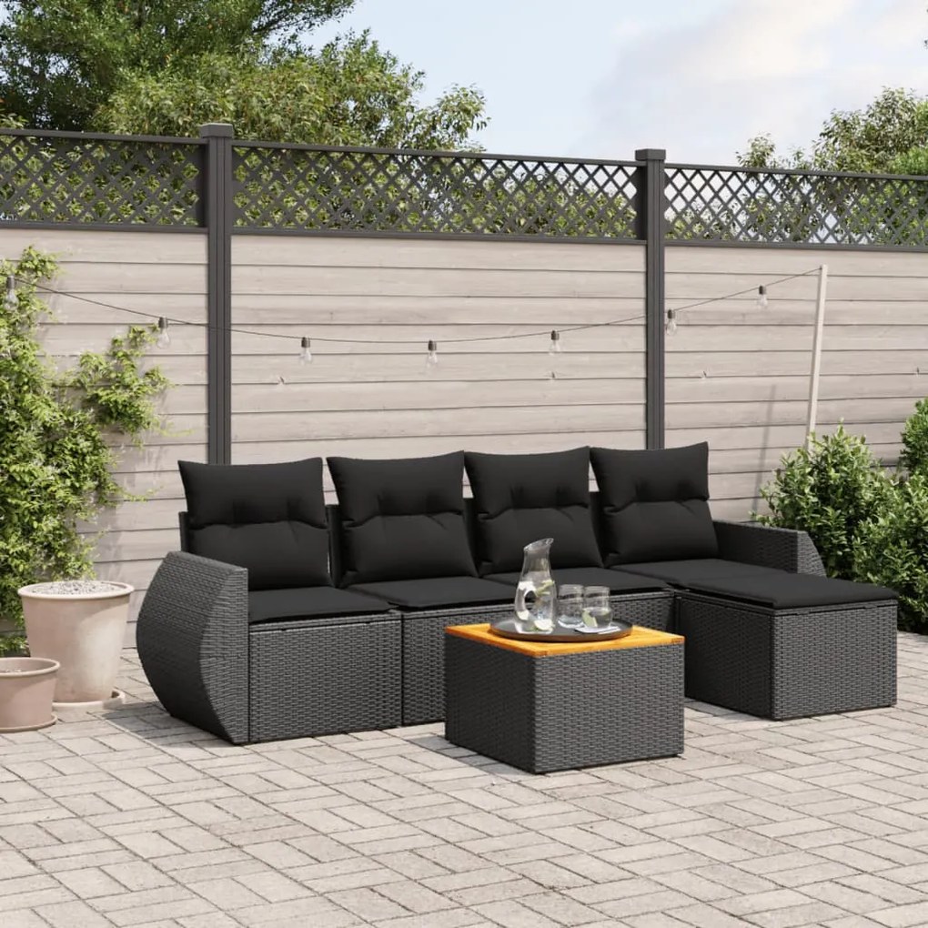 Set divano da giardino 6 pz con cuscini nero in polyrattan