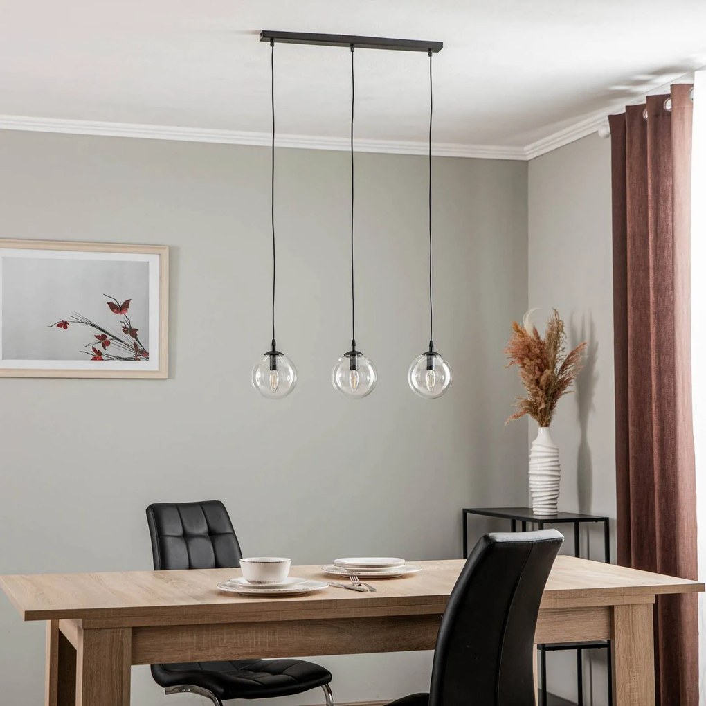 EMIBIG LIGHTING Lampada a sospensione Glassy, a 3 luci, dritta, nera, trasparente, vetro
