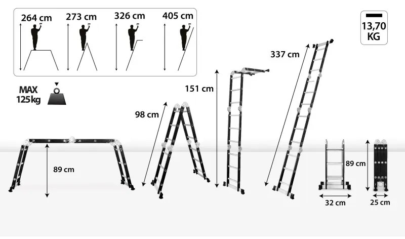 Scala multifunzionale in alluminio 4 x 3 gradini - 125 kg + piattaforma