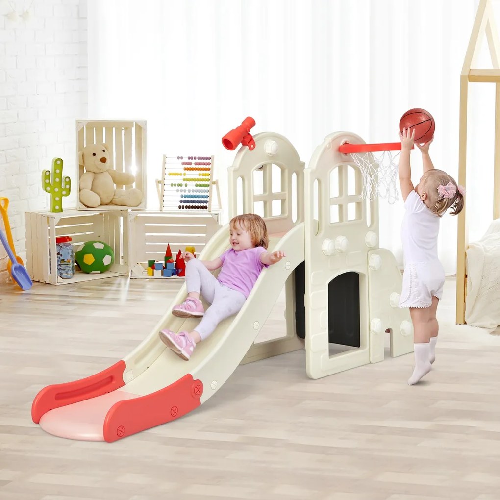 Costway Scivolo grande per bambini 6 in 1 con canestro palla lancio dell'anello e cannocchiale, Set da gioco Rosa