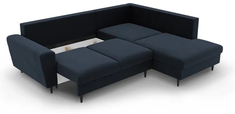 Divano angolare blu scuro allungabile e con contenitore (con penisola a destra/a L) con rivestimento in velluto Kyoto – Cosmopolitan Design